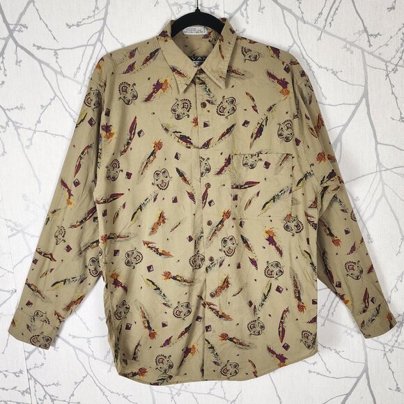 Avant Steel Beige Artsy Colorful Abstract Printed Button Front Shirt - Picture 1 of 5